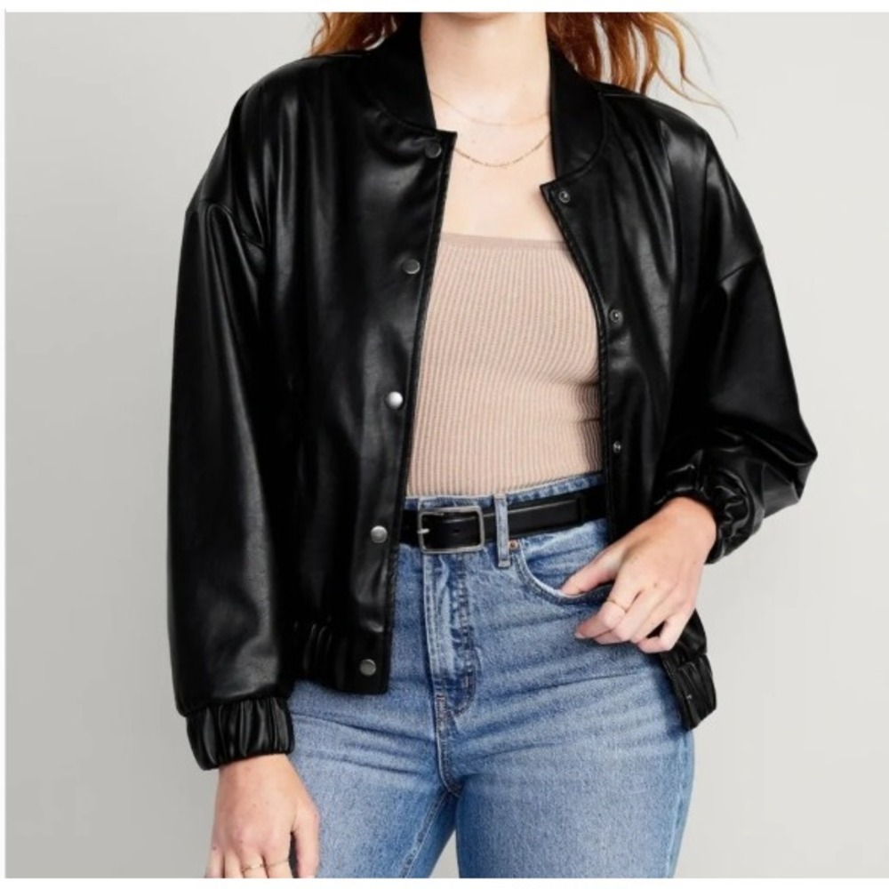 Old Navy Leather Bomber Faux Leather Jacket Black Large Outerwear Streetwear L